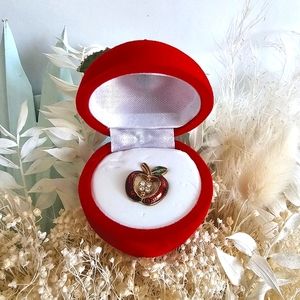 Red Apple Lapel Hat Jacket Pin With Four Clear Rhinestone Seeds, Original Box